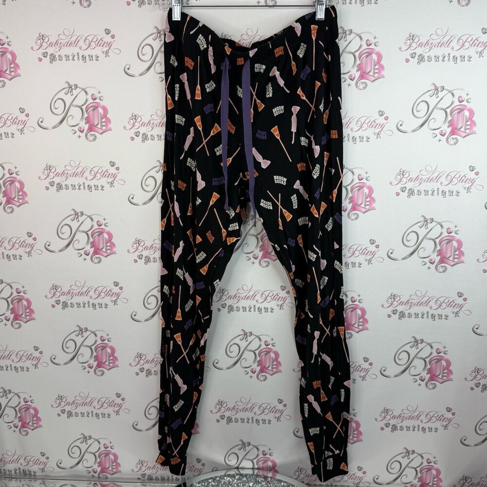 Joe Fresh Disney Black Pajama Pants with Purple Orange Pink Broom squad Print